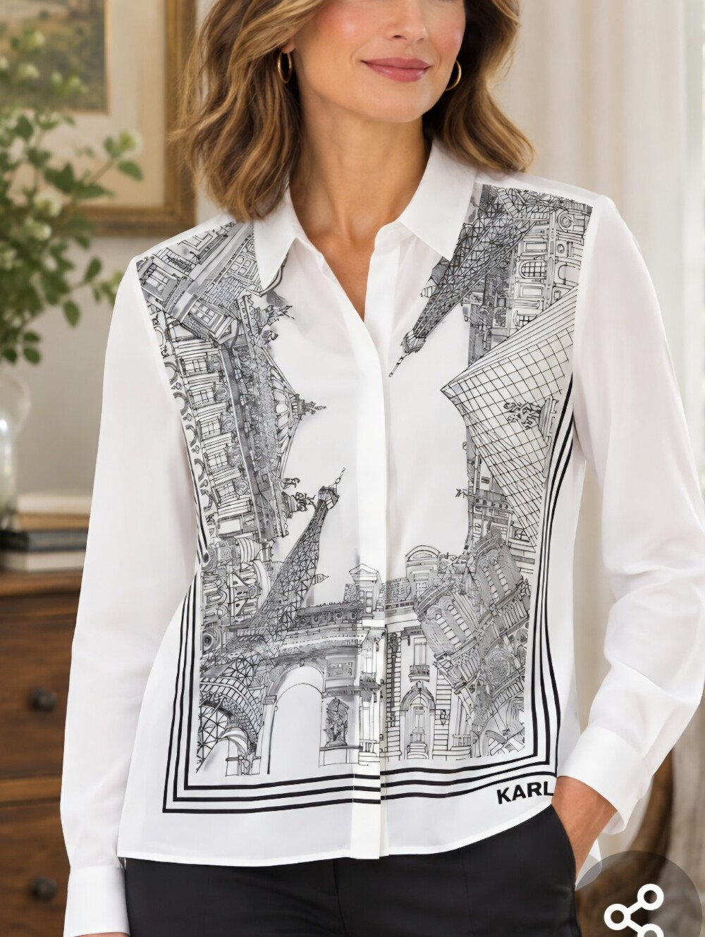 Karl Lagerfeld Paris Women's White Black Paris Print Blouse Sz M Long Sleeve